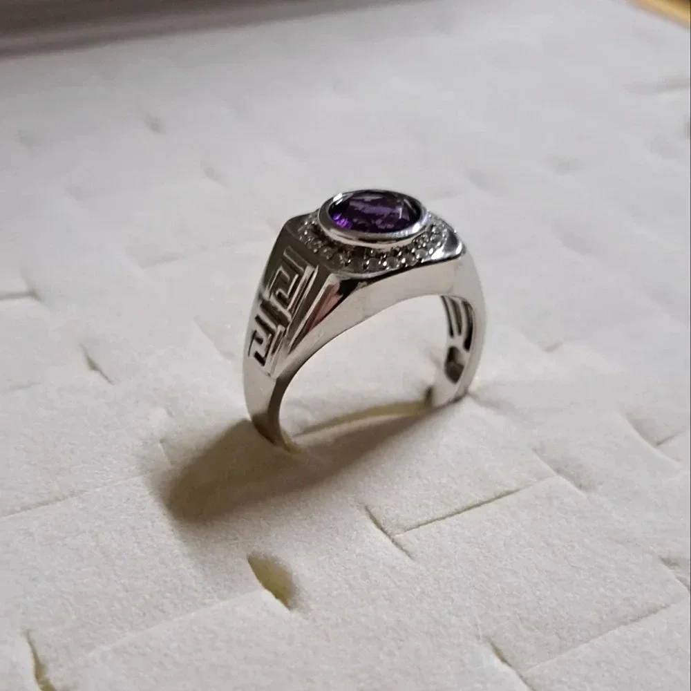 Amethyst & White Zircon Men's Ring Platinum Over Sterling Silver